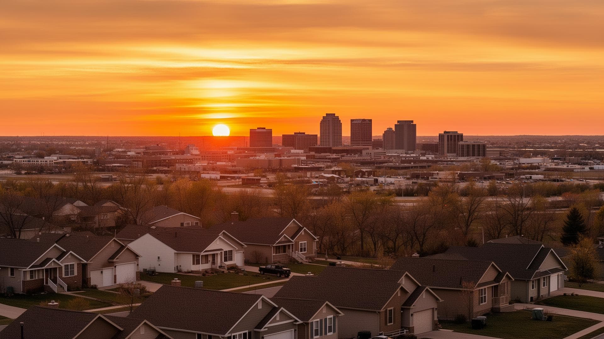 Fargo North Dakota skyline at sunset with residential homes